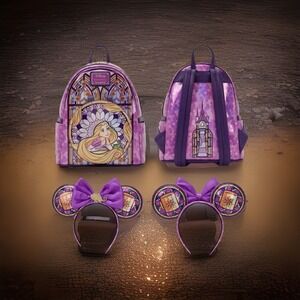 NWT Loungefly Disney Rapunzel Pascal Stained Glass Princess Backpack Ears